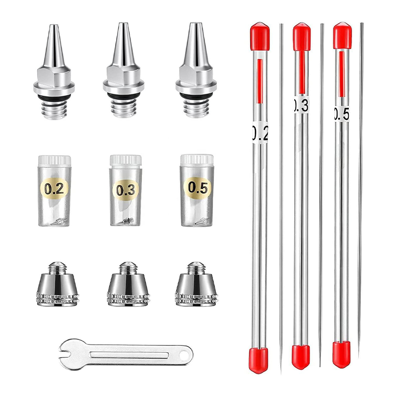10-stuks airbrush vervangende onderdelenkit met 0,2 mm, 0,3 mm en 0,5 mm airbrush-sproeiers, naalden, mondstukkappen en mini-sleutel voor spuitpistoolaccessoires